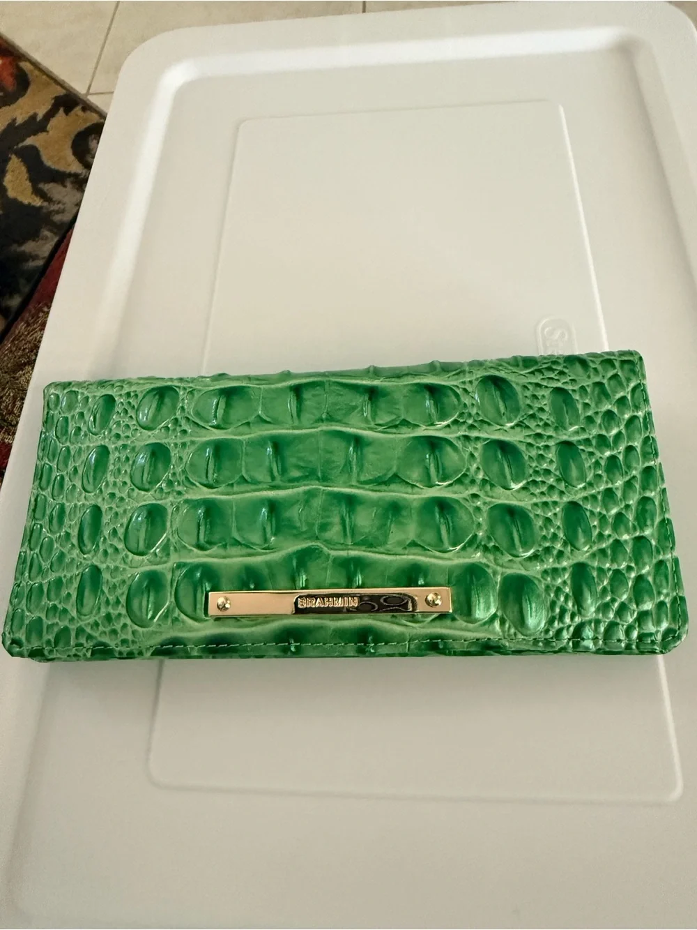 Brahmin Green Croc-Embossed Zip Wallet with Gold Hardware